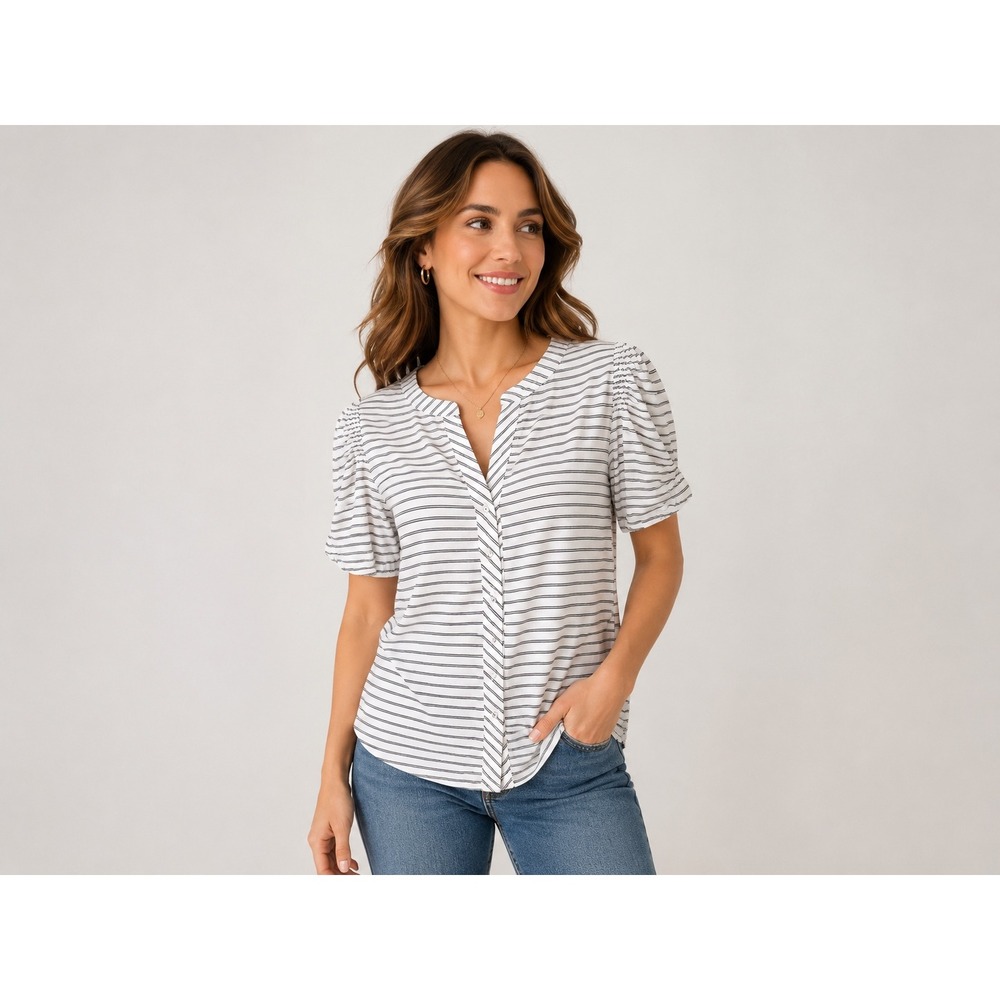 Modern Works Womens Black White Striped Puff Sleeve Button Up Blouse Small